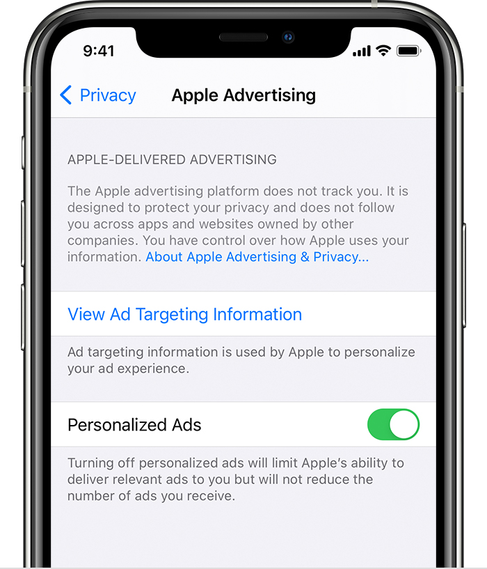 iPhone, das Optionen in Apple Advertising anzeigt, einschließlich Optionen zum Anzeigen von Informationen zum Anzeigen-Targeting und personalisierter Werbung