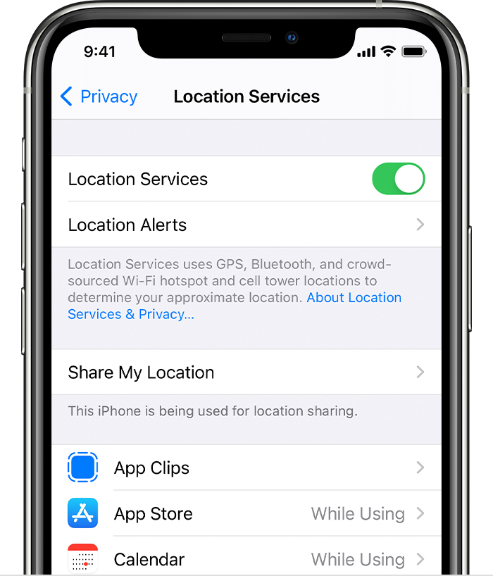 iPhone, das Optionen in den Ortungsdiensten anzeigt, einschließlich Optionen für Standortwarnungen und App-spezifische Einstellungen