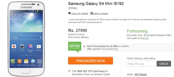 Samsung Galaxy S4 Mini is now Available for Preorder at Rs  27 990 - 44