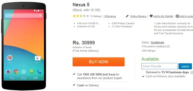 Nexus 5 16 GB now listed on Flipkart for Rs  30 999 - 43