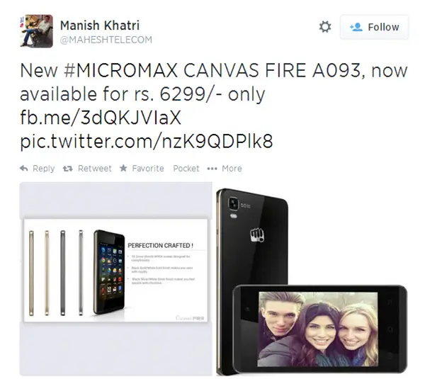 Micromax Canvas Fire A093 with Quad Core and Android KitKat at 6 299 INR - 99