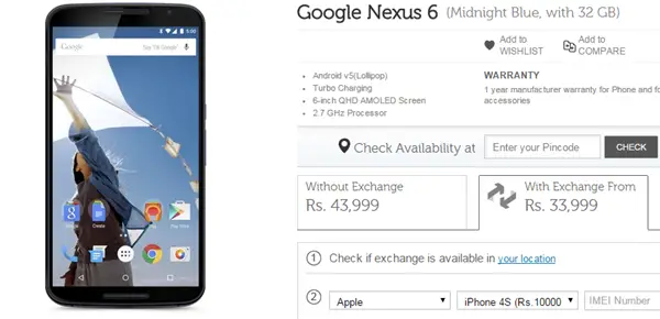 Flipkart Announces 10 000 INR Exchange offer for Nexus 6 - 23