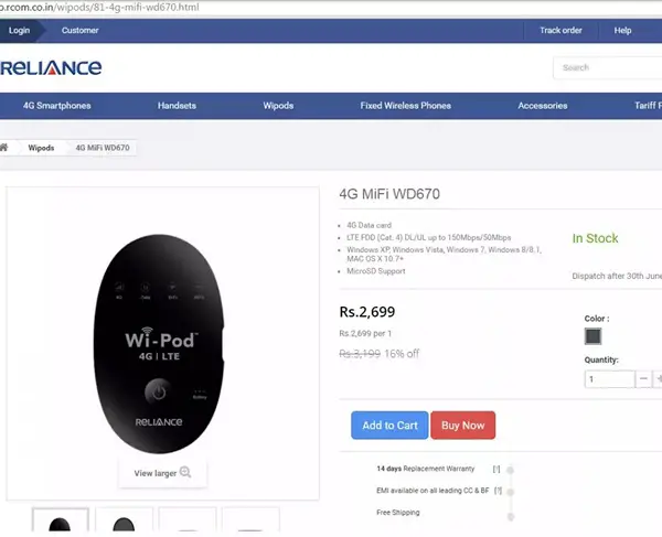 Reliance 4G Mifi Device Launched At INR 2 699 - 5