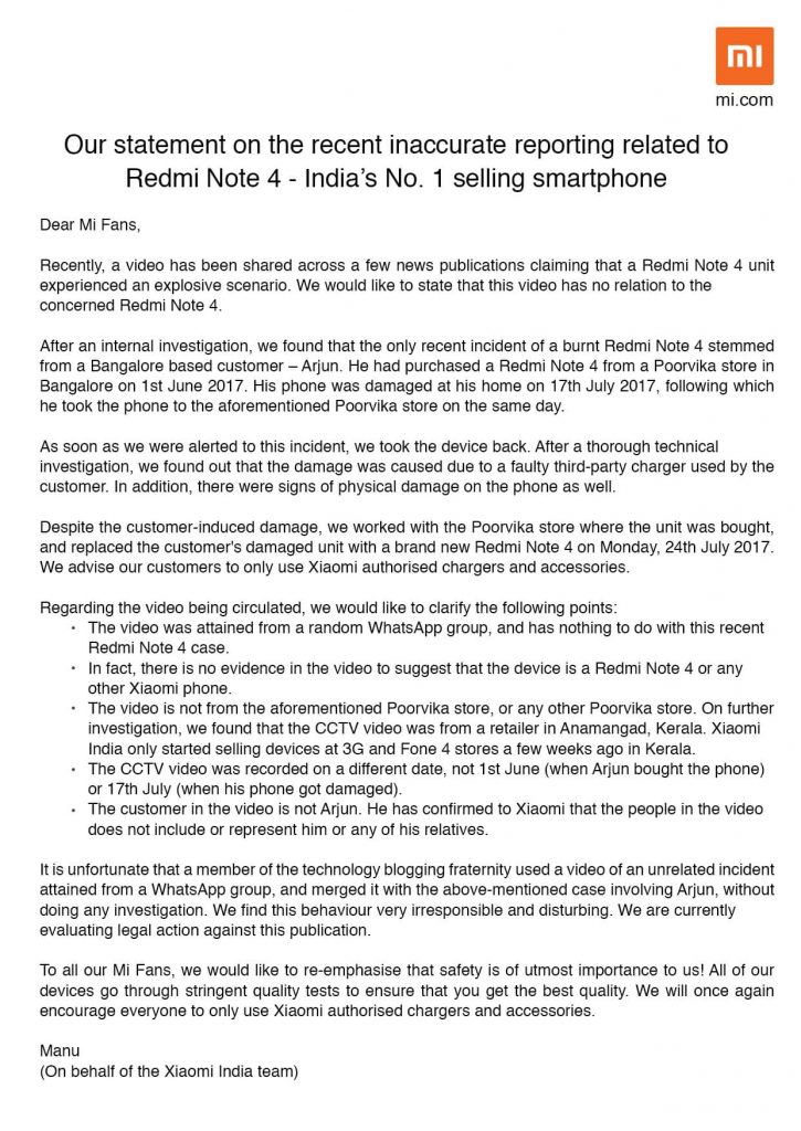 Xiaomi Redmi Note 4 Statement