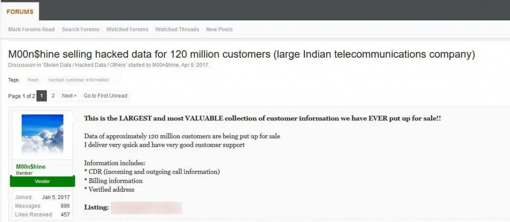 Reliance Jio hack database