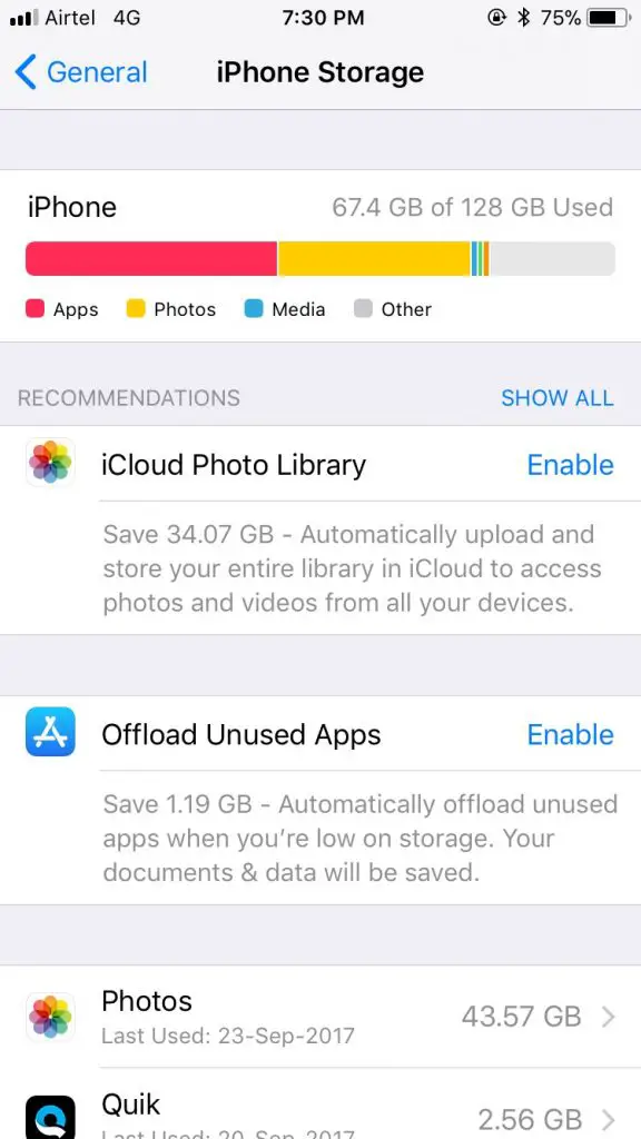 iOS 11 storage settings