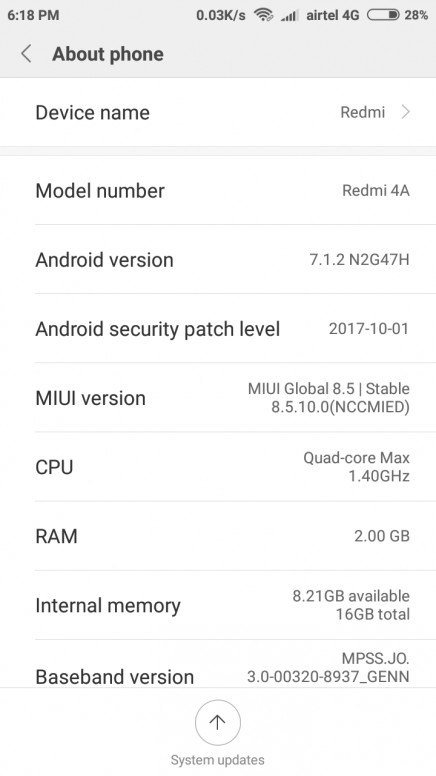 Xiaomi Redmi 4A MIUI 8.5.10.0 Update