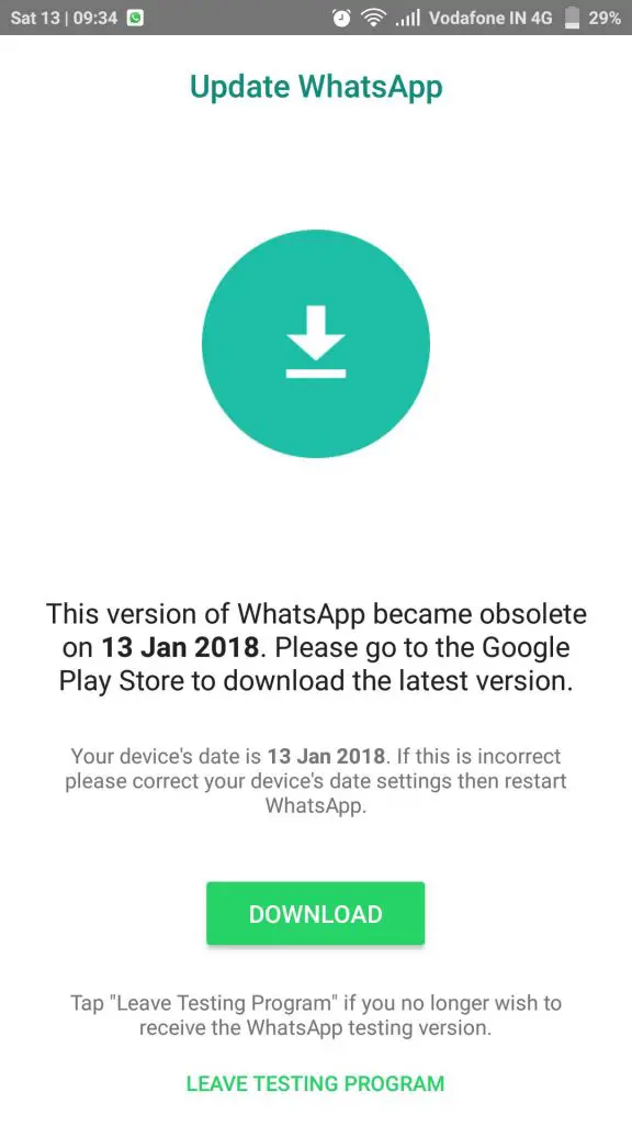 WhatsApp Obsolete error