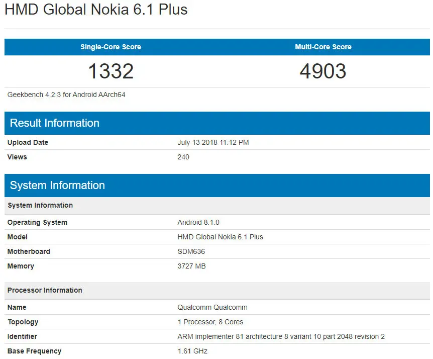 Nokia X6 Global Variant aka Nokia 6 1 Plus appears on Geekbench ahead of July 19 launch - 55