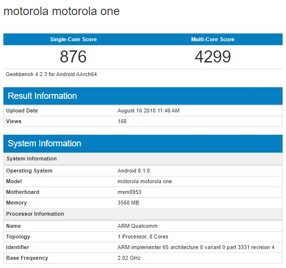 Motorola One Appears on Geekbench Running Snapdragon 625 and 4GB RAM - 50