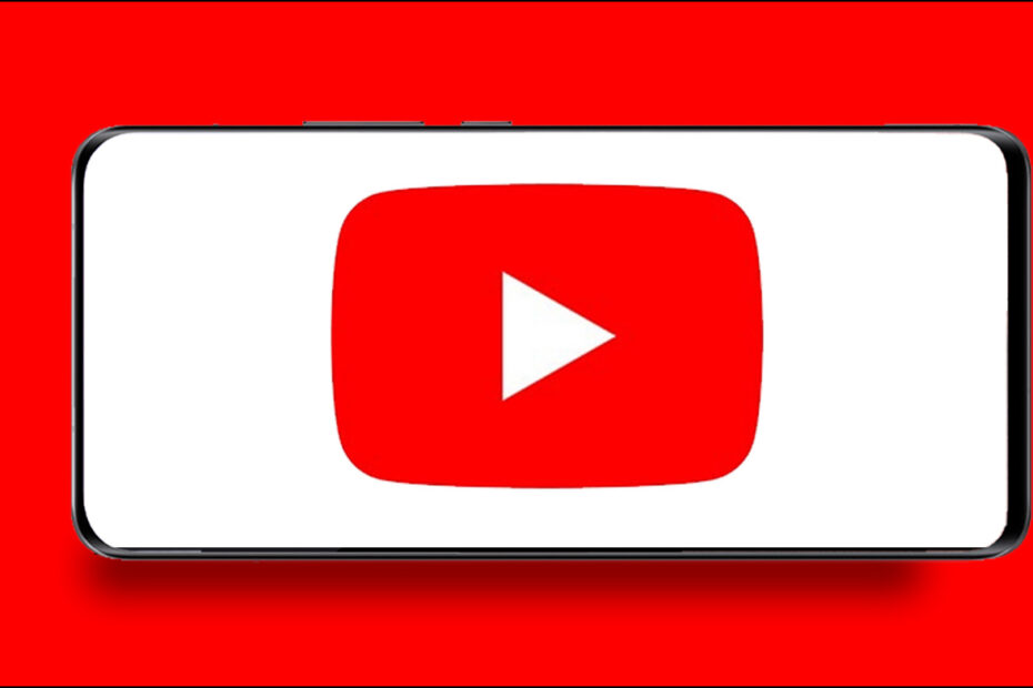 YouTube logo on a horizontal phone with red backdrop