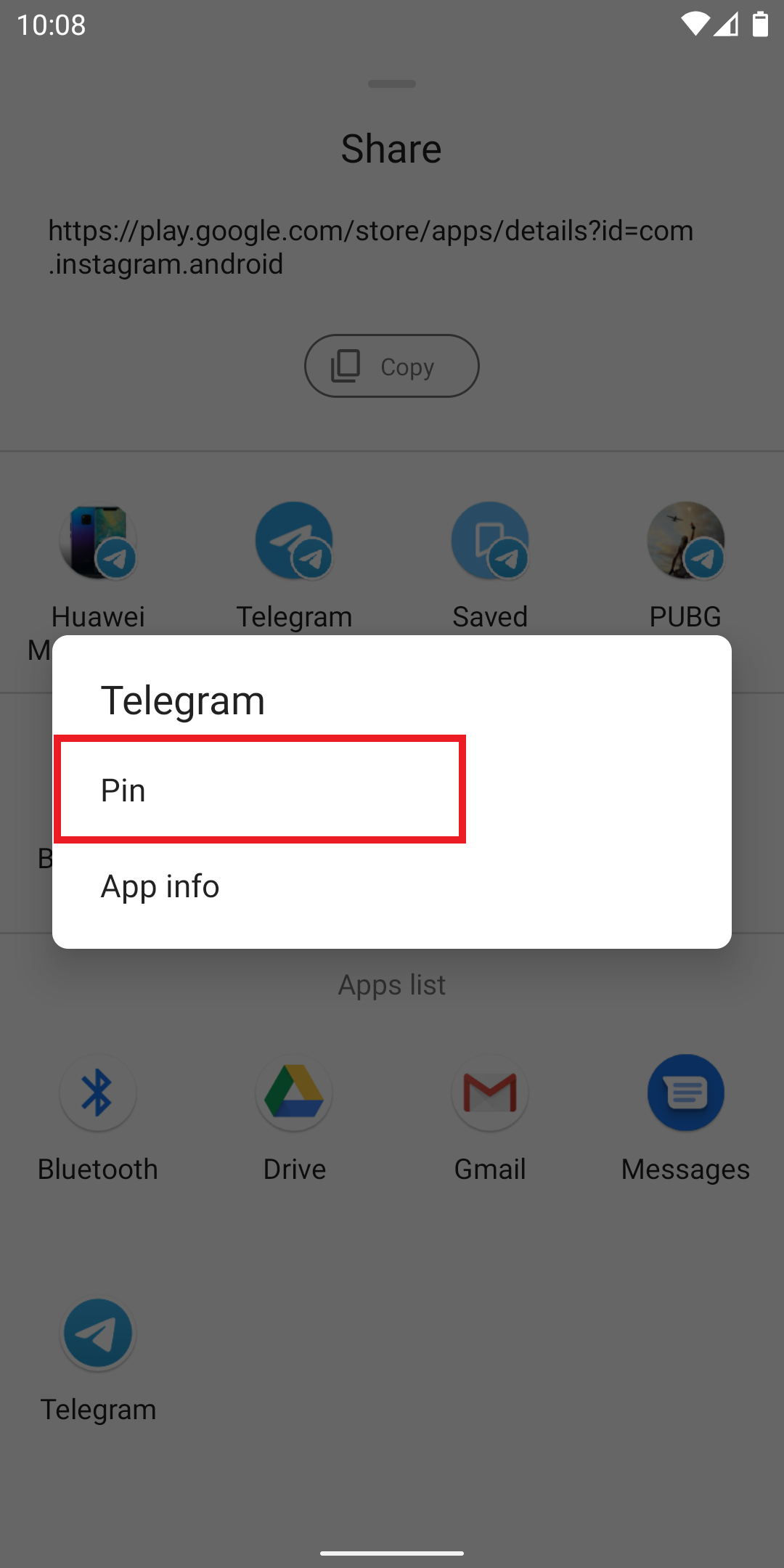Pin Apps in Share Sheet on Android 11