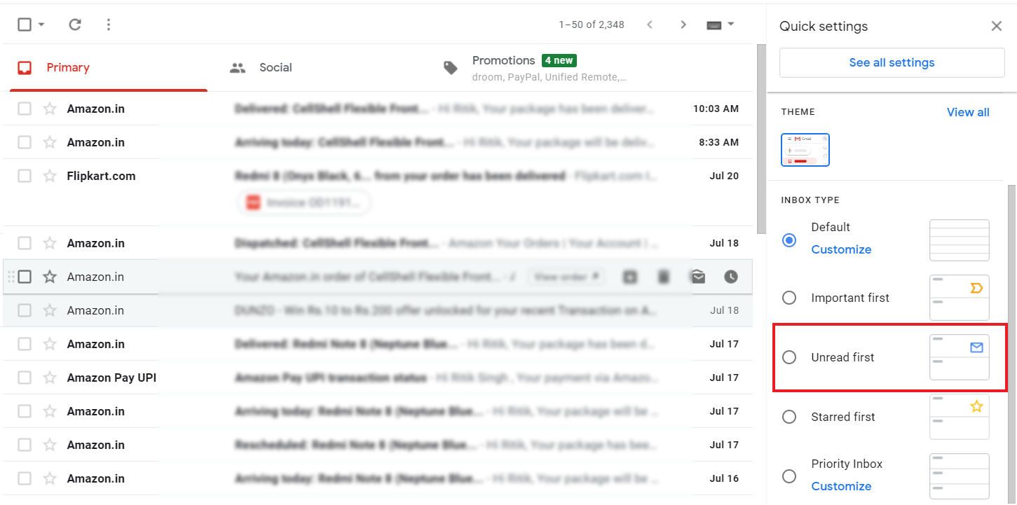 how do i set my gmail inbox to show unread mail