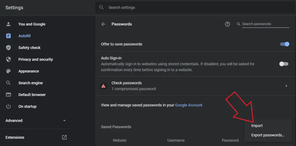 Passwort in Google Chrome importieren