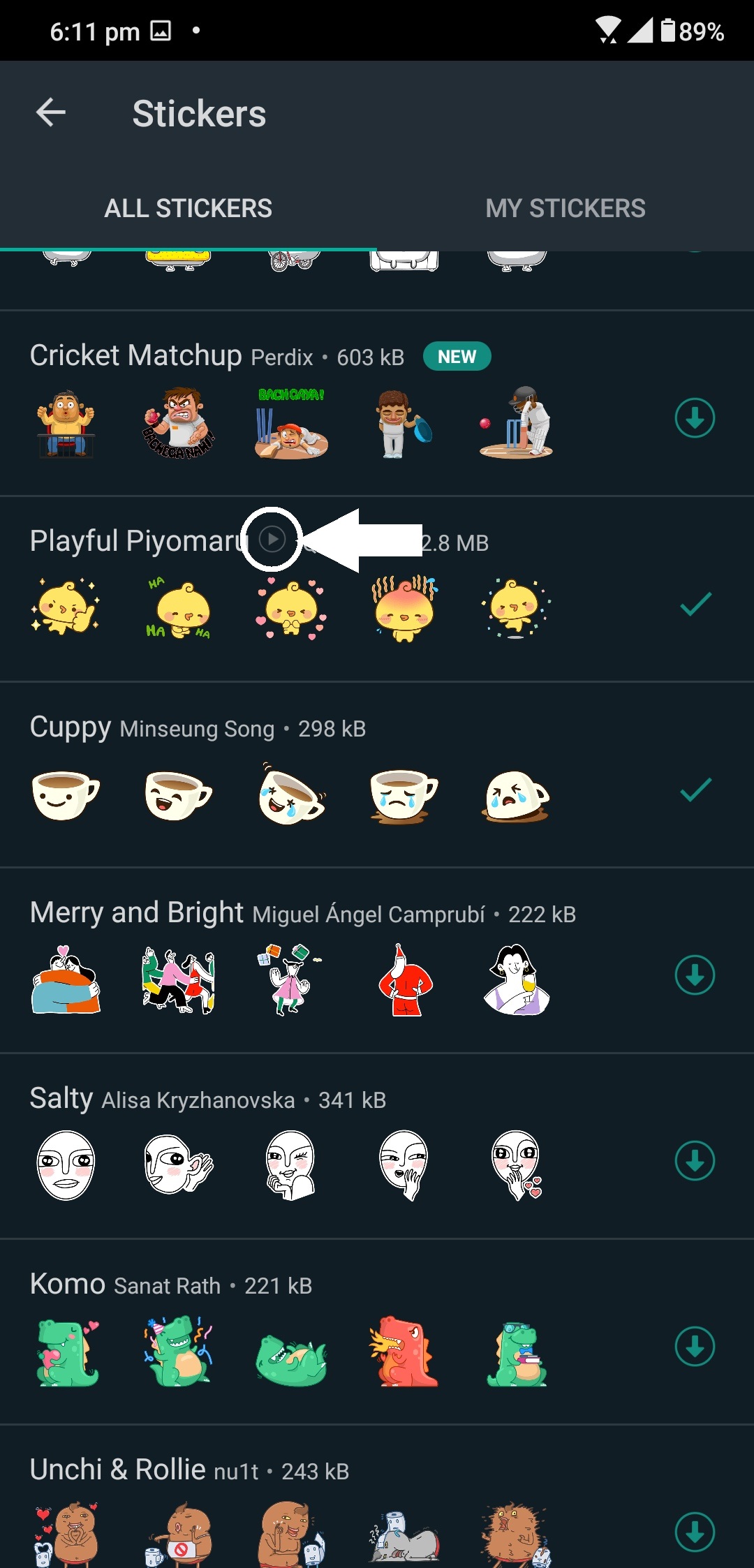 Stiker animasi WhatsApp ditandai tombol play kecil