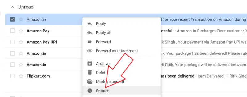 gmail display snooze menu