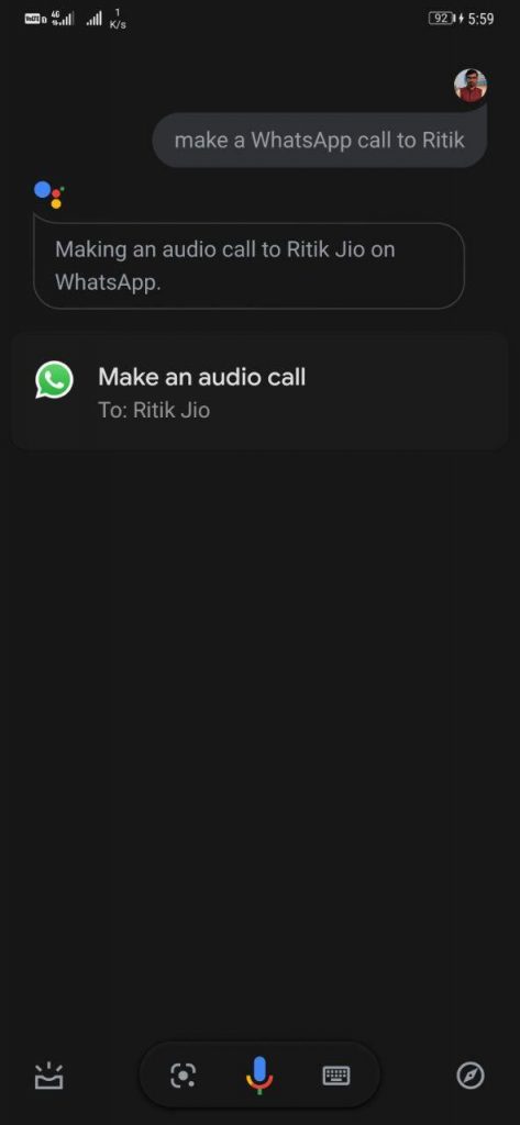 Make Audio Whatsapp Calls Using Google Assistant