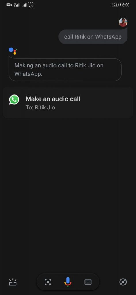 Make Audio Whatsapp Calls Using Google Assistant