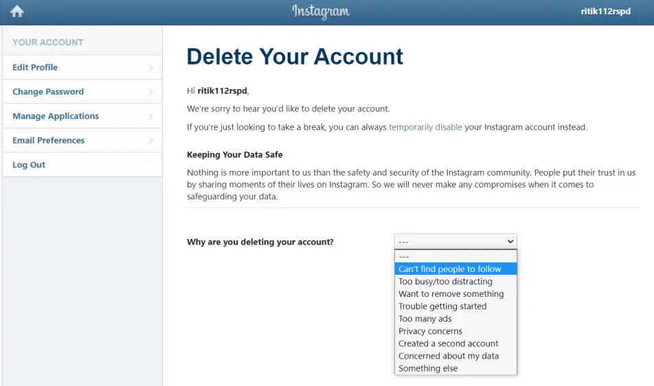 instagram delete account permanently