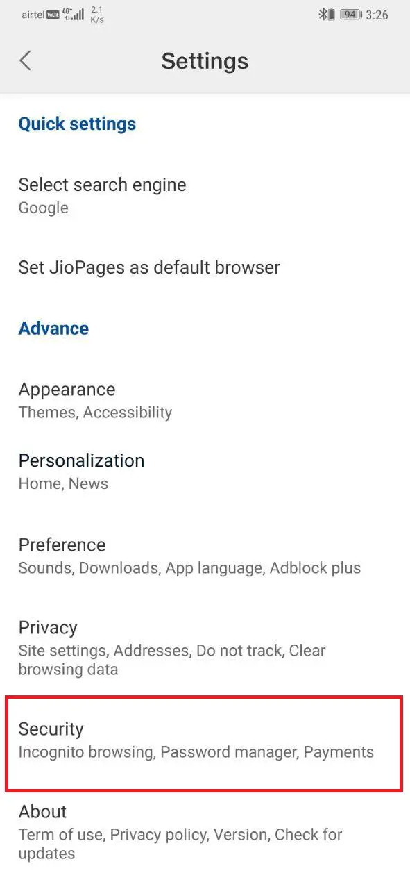 Set PIN/ Fingerprint Lock in Jio Pages Browser