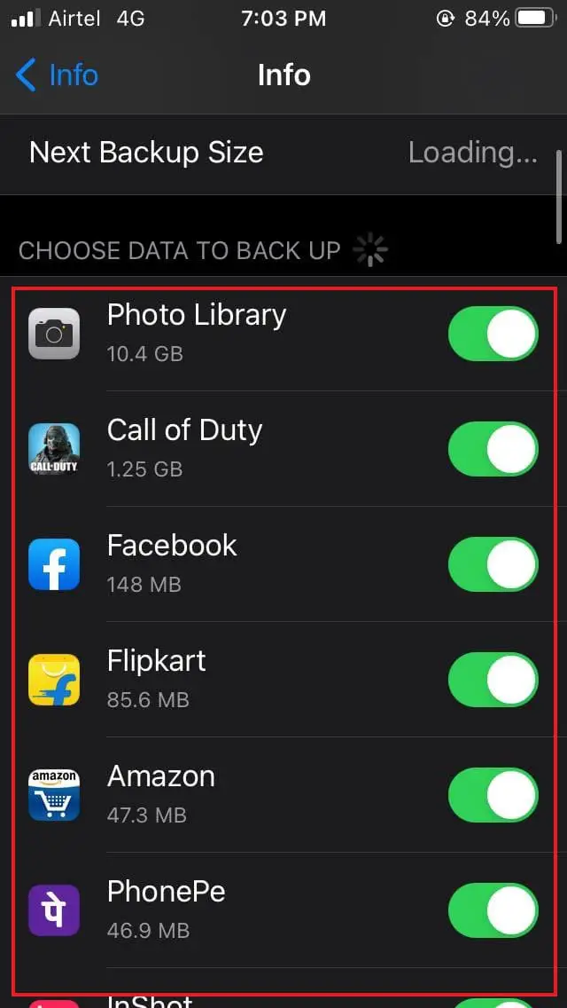 Turn iCloud backup on or off for specific apps