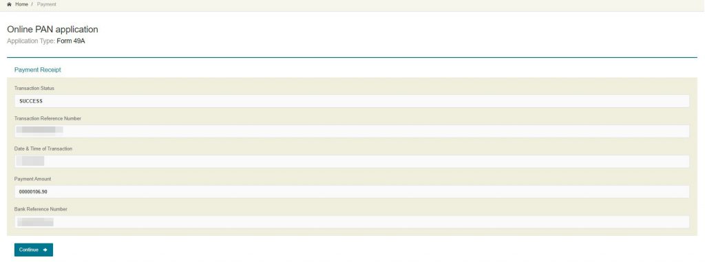 PAN Payment receipt