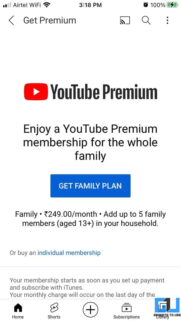 Get YouTube Family Plan Subscription in India