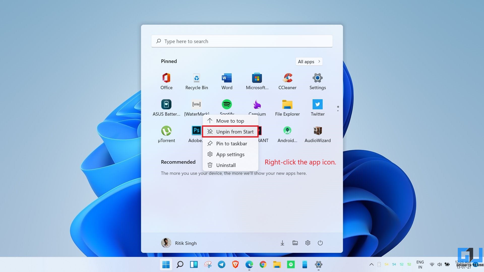 Apps aus dem Startmenü von Windows 11 entfernen
