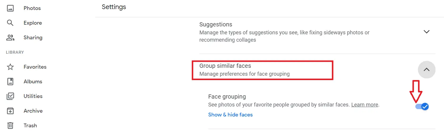 How do I turn on face search in Google Photos?