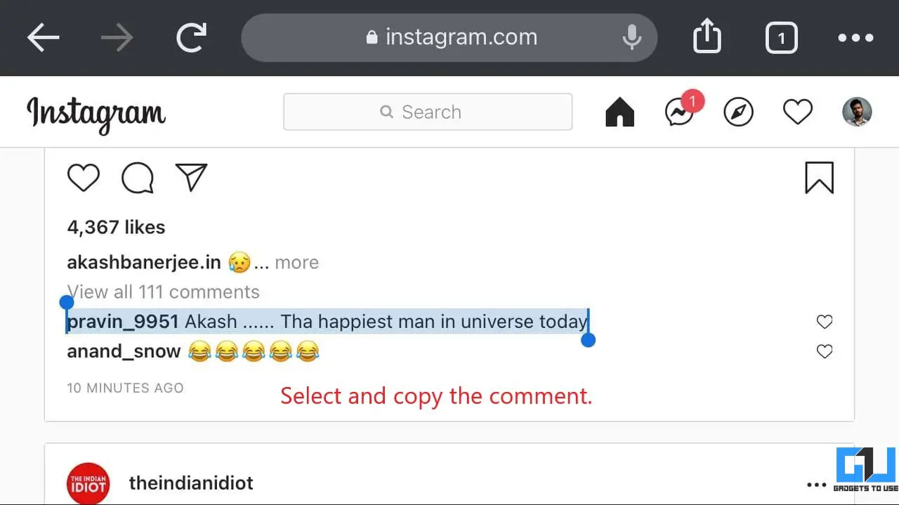 Kopieren Sie Instagram-Kommentare oder -Beschriftungen auf dem iPhone