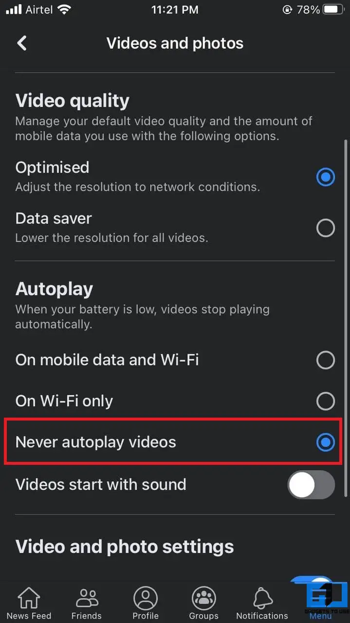 Never autoplay videos in Facebook