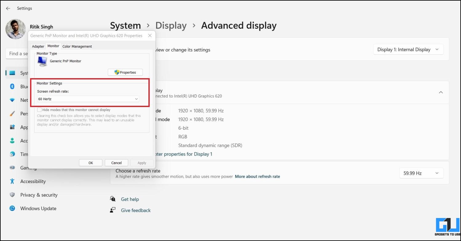 Ändern Sie die Aktualisierungsrate des Monitorbildschirms unter Windows 11