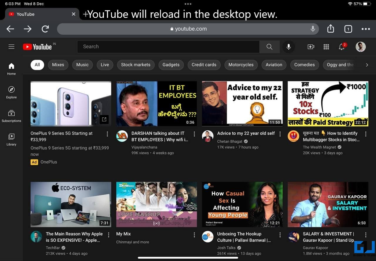 Request Desktop Site for YouTube in Chrome iPad