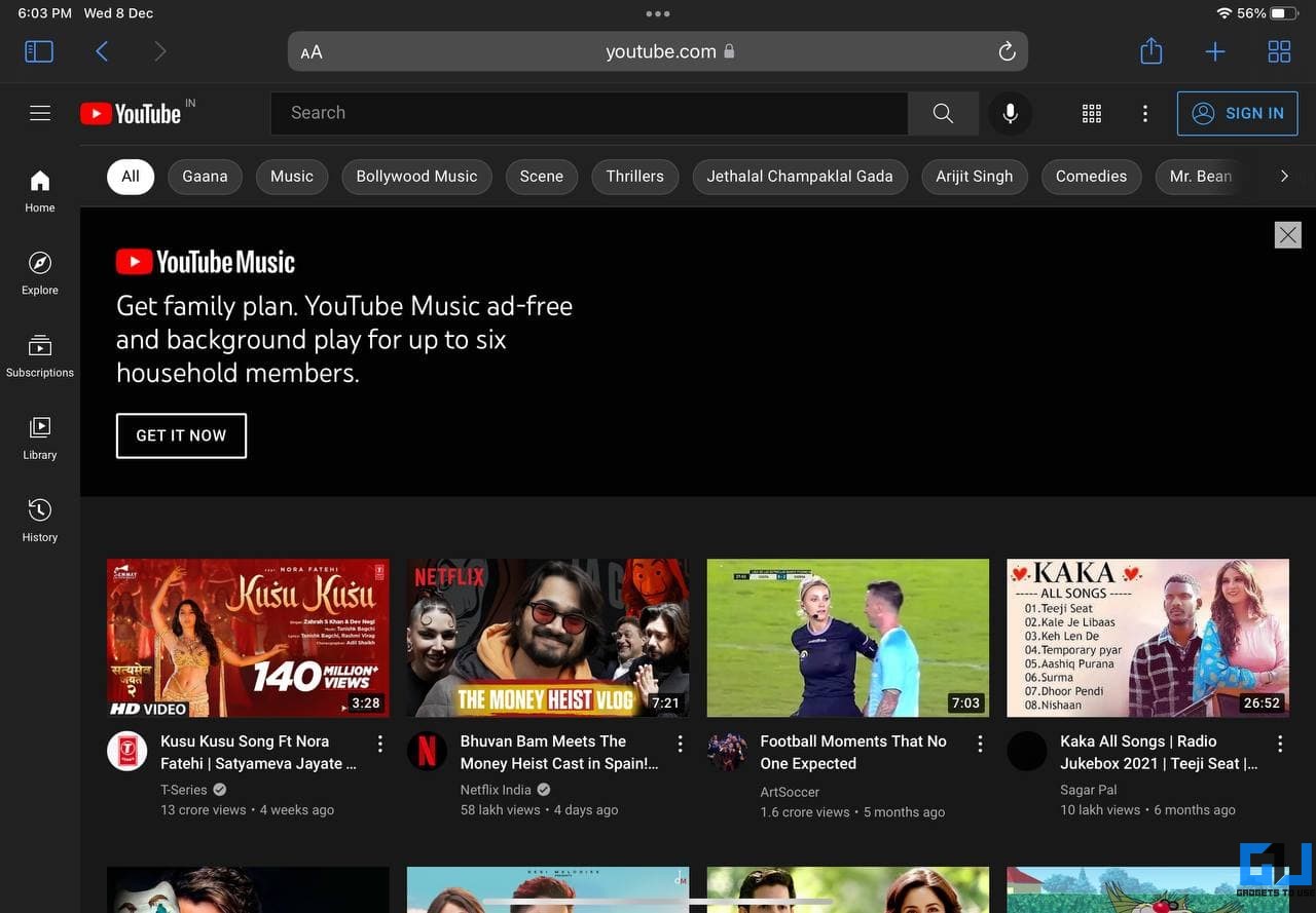 YouTube Desktop View on Safari iPad