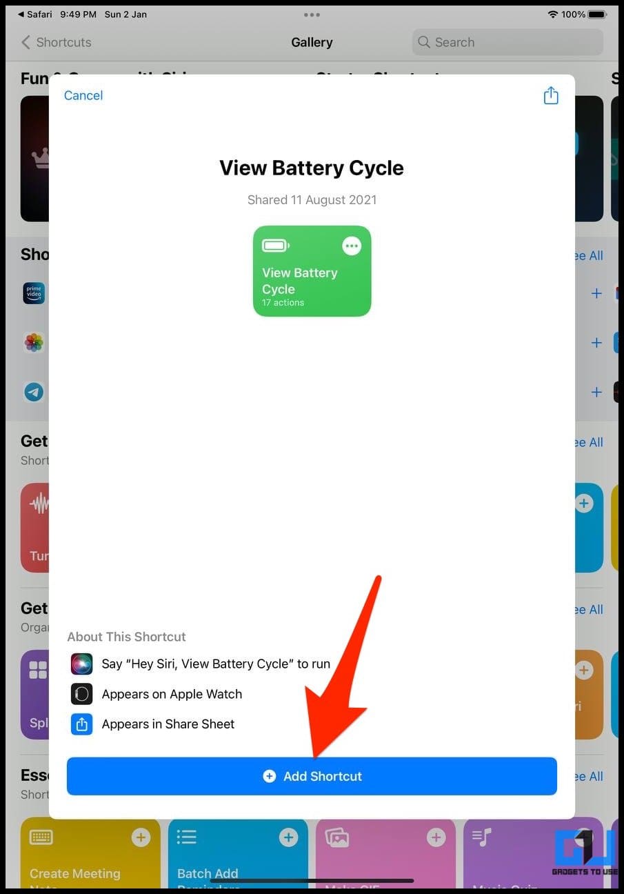 View Battery Cycle Shortcut iPad