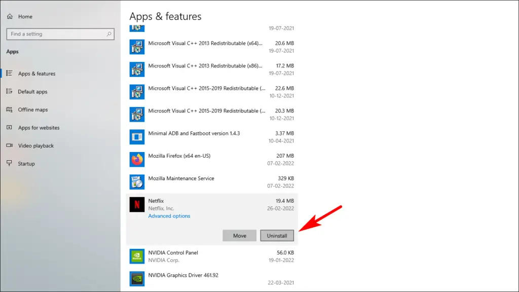Uninstall Apps from Windows Settings