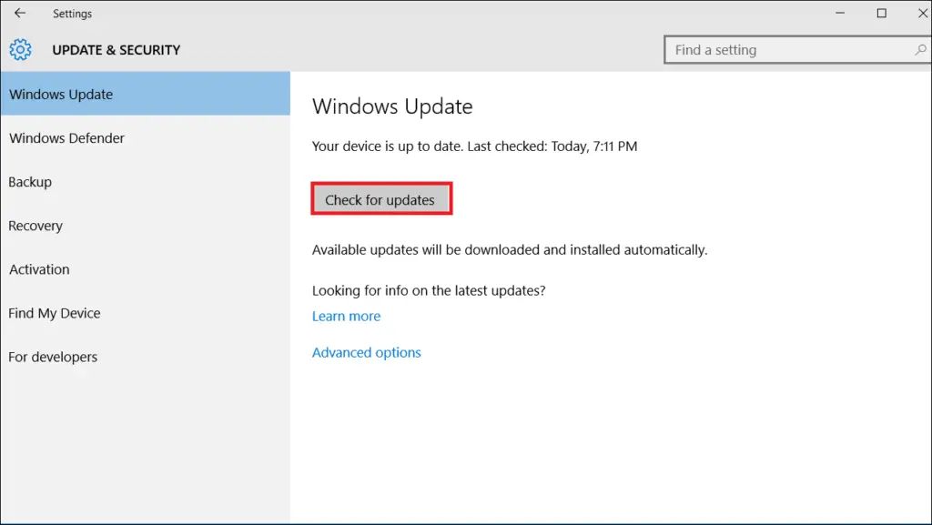 check update for windows