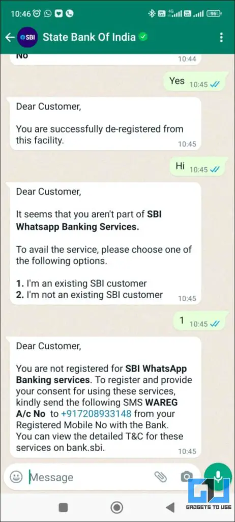 After De-register SBI WhatsApp Banking