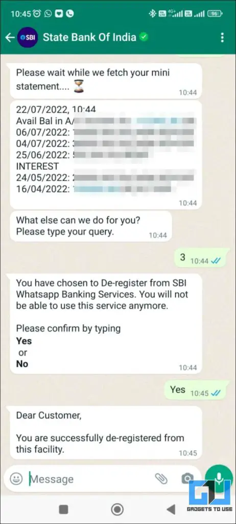 Confirm De-Register SBI WhatsApp Banking