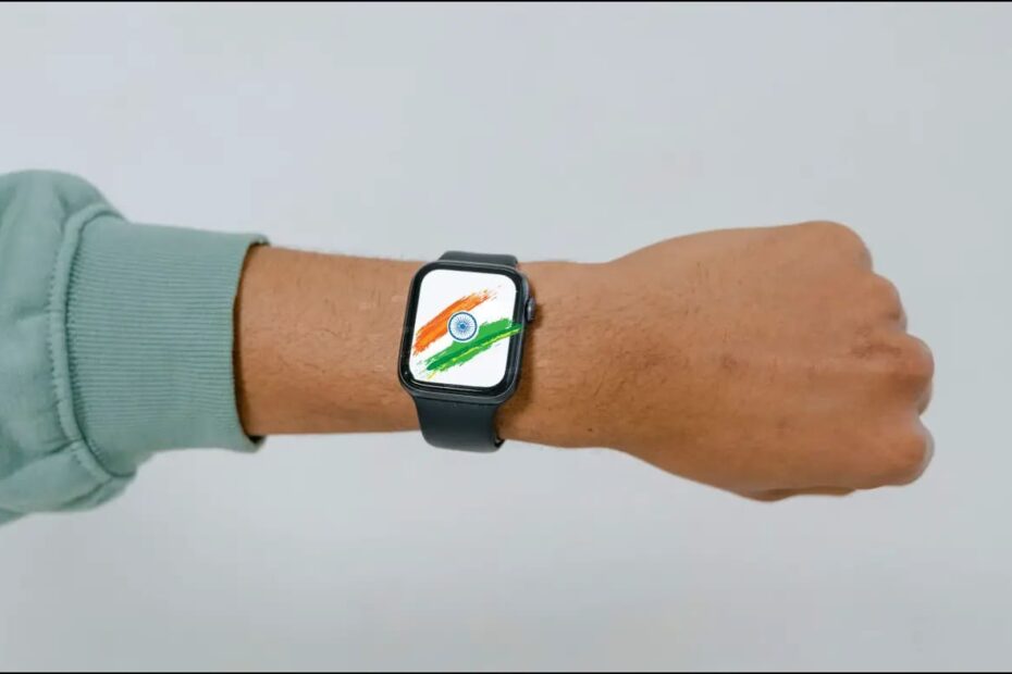 Made in India Smartwatch representation in Hands through Indian flag