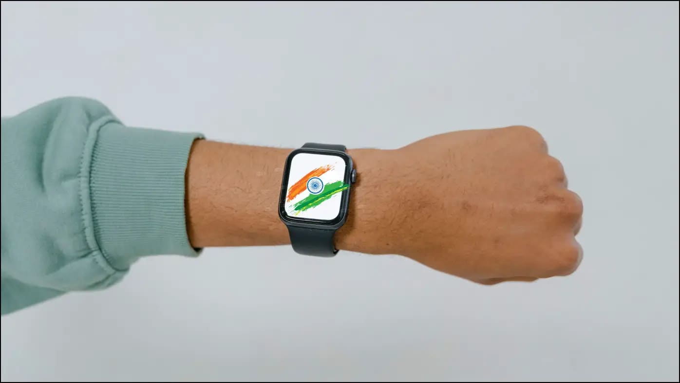 Made in India Smartwatch representation in Hands through Indian flag