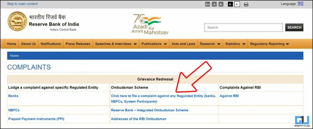 RBI website 1024x422 - 6 Ways to Get Refund for a Wrong UPI or Bank Transaction