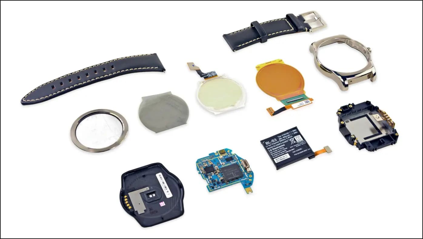 Smartwatch Components including strap, battery, PCB, sensors, and display.