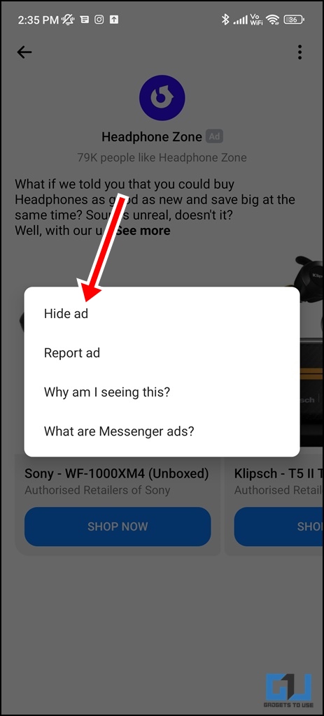 Hide ads in messenger