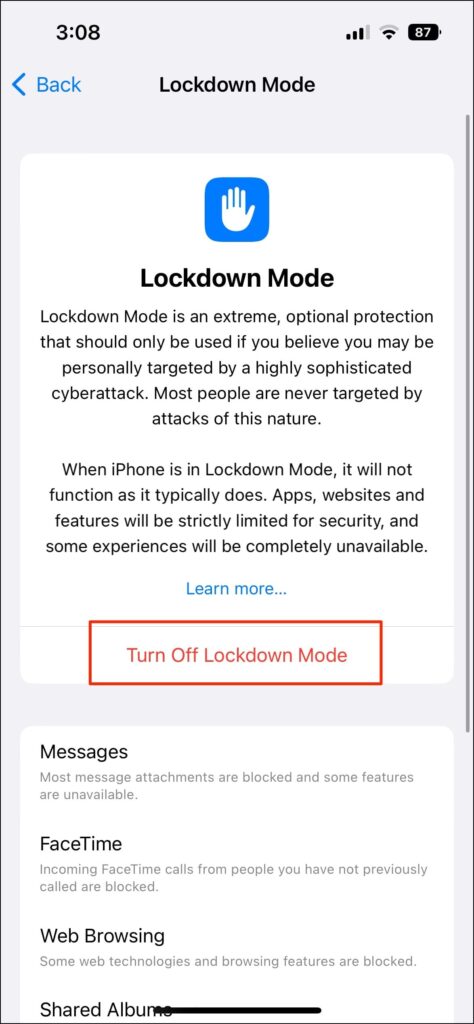 Turn Off Lockdown Mode iOS 16