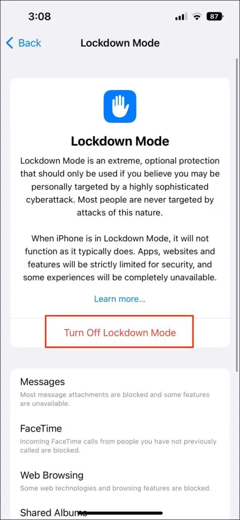 Turn Off Lockdown Mode iOS 16