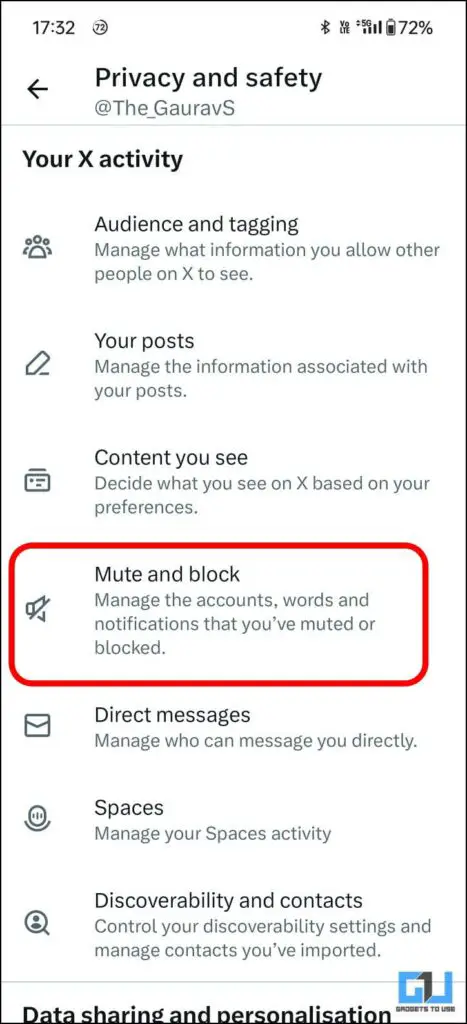Highlighting Mute and block under Settings and Privacy