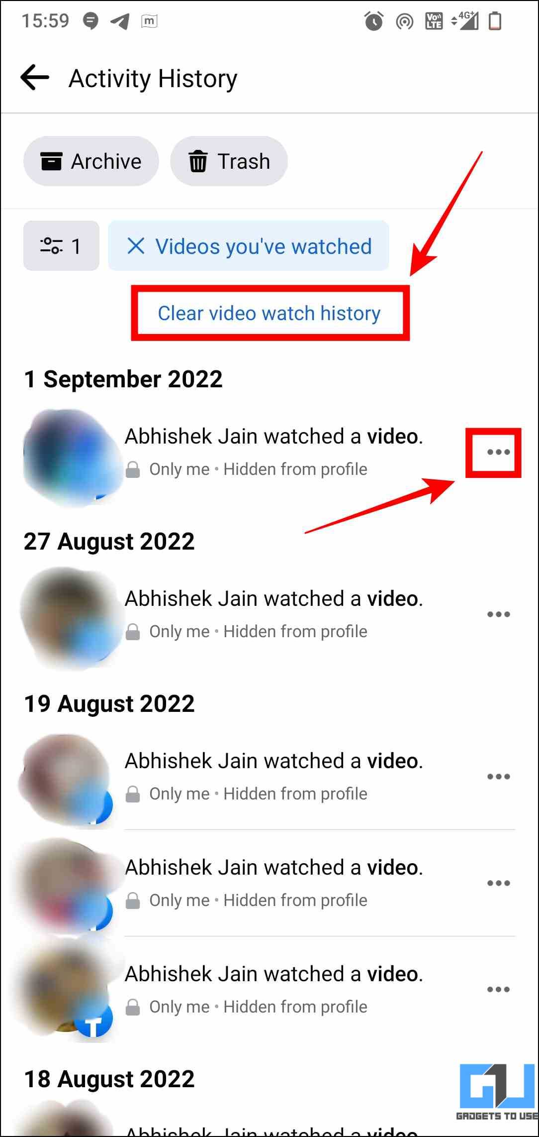 delete facebook watch and search history