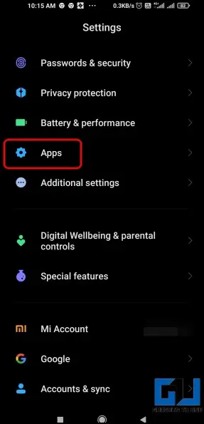 Apps Under Settings