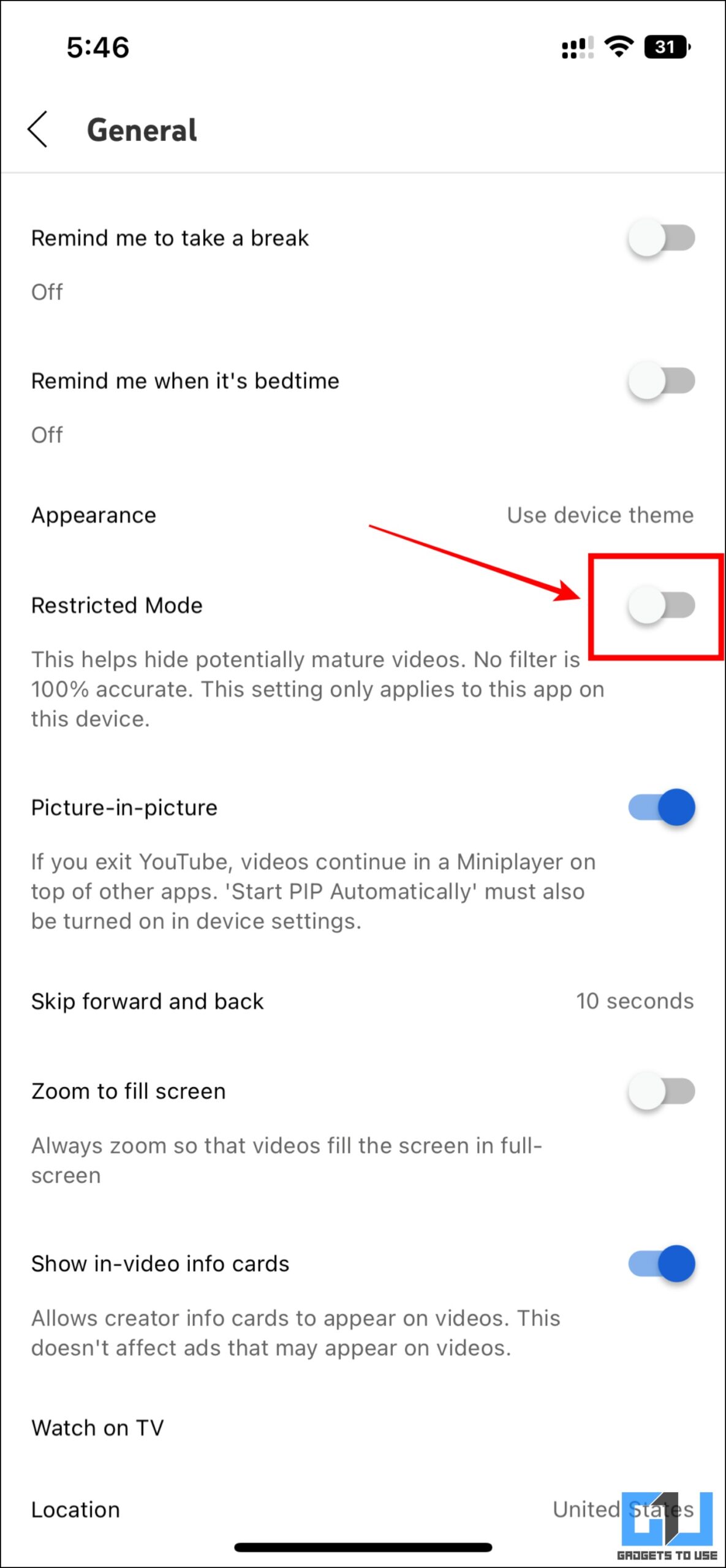 turn off YouTube restricted mode